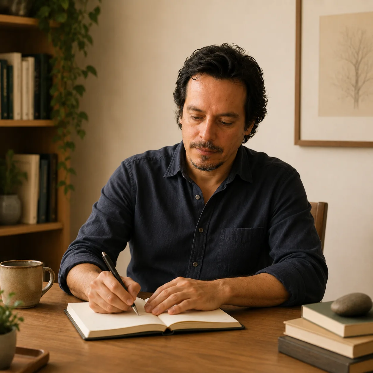 Renato Fonseca escrevendo em um caderno, sentado a uma mesa de madeira, com livros ao redor